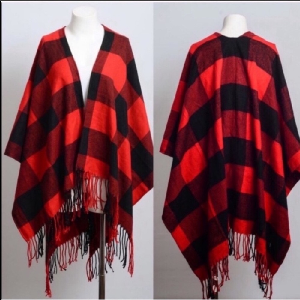 Buffalo Check plaid Tassel sweater shawl Ponch - Picture 3 of 4